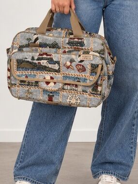 Pioneer Express Vintage 90’s Coastal Tapestry Duffel Carry On Bag in Blue & Tan